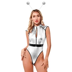 Costumi da gioco di ruolo alieni da donna di Halloween tuta anteriore con cerniera Sexy con Set di cerchietti per capelli in pelle PU Alien Outfit Color argento