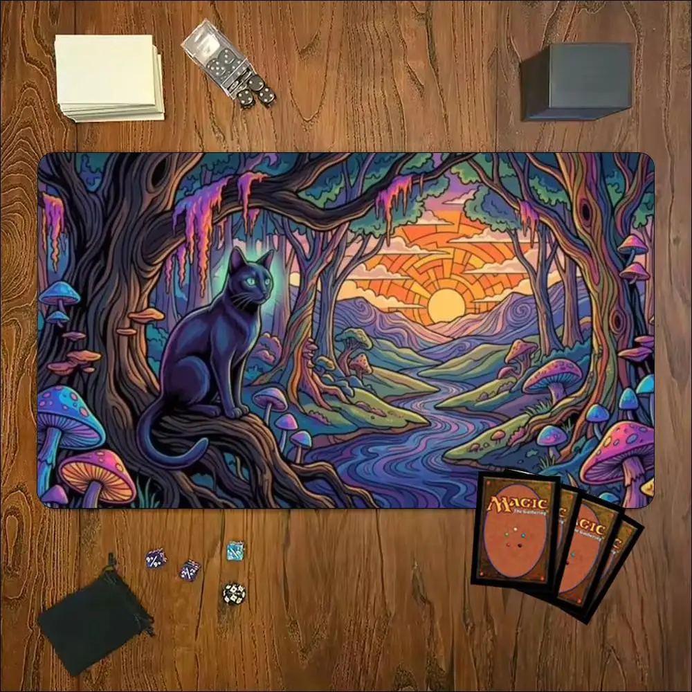Extra Large Psychedelic Forest Cat TCG Colorful Mushrooms Art Non-Slip Locked Edge Natural Rubber Gamer Card Game Strategypad