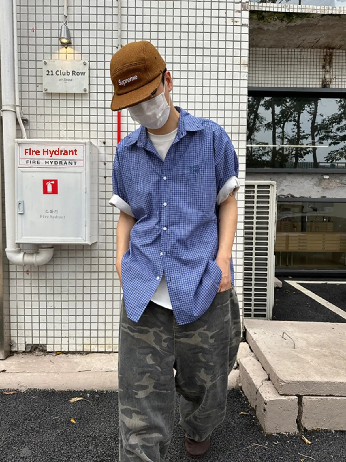 

American Sle Loose Fit Men's ort Sve irt Retro Blue Plaid Casual Design Versatile Stand Collar irt Jaet