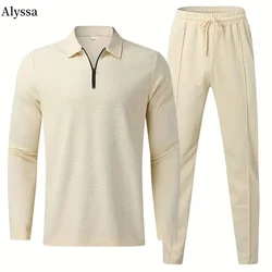 Men's Casual Business Waffle Fabric Short Sleeve Zipper Polo Top and Drawstring Waffle Pants Suit Clothing New In Tops & Tees