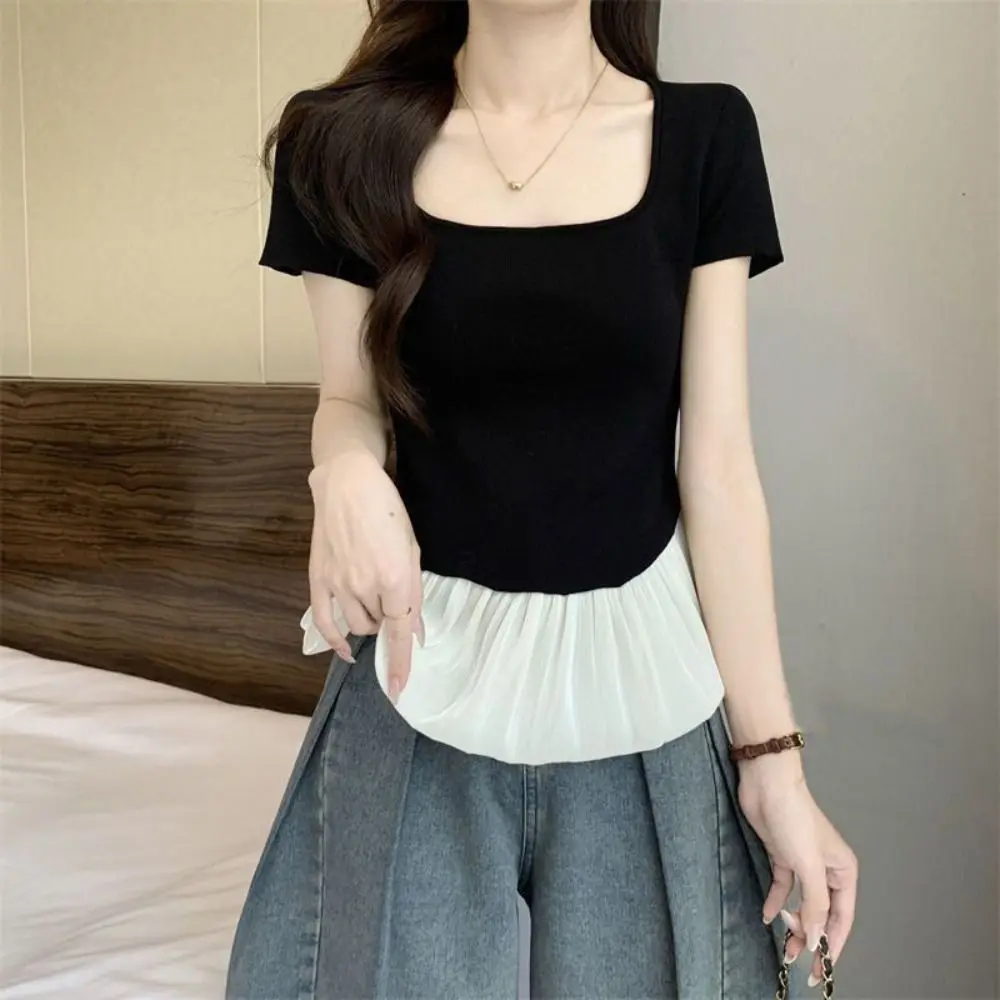 

Ins Style Short Sleeve Summer Knitted T-Shirt U-neck Patchwork Sweet Crop Tops Slim Fit Korean Style Mesh Ruffle T-Shirt Lady