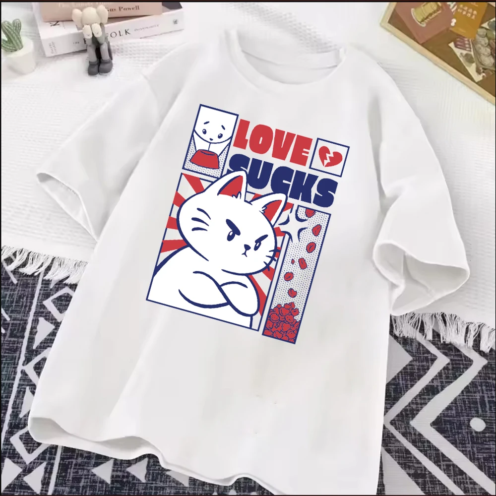 

Cat Print Top Eating Noodles Cat Cartoon Hand-painted Cat Breathable Camisetas Nostalgia Retro Street Fashion Tops Girl Tops
