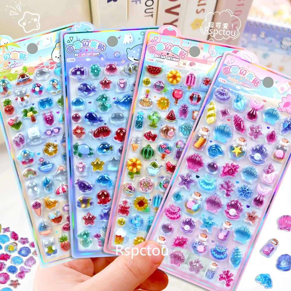 

4pcs Creative Cartoon Marine Animals Relief Stickers Cute Fresh Style 3D Crystal Sticker Scrapbook Fridge Phone Decals Wholesale