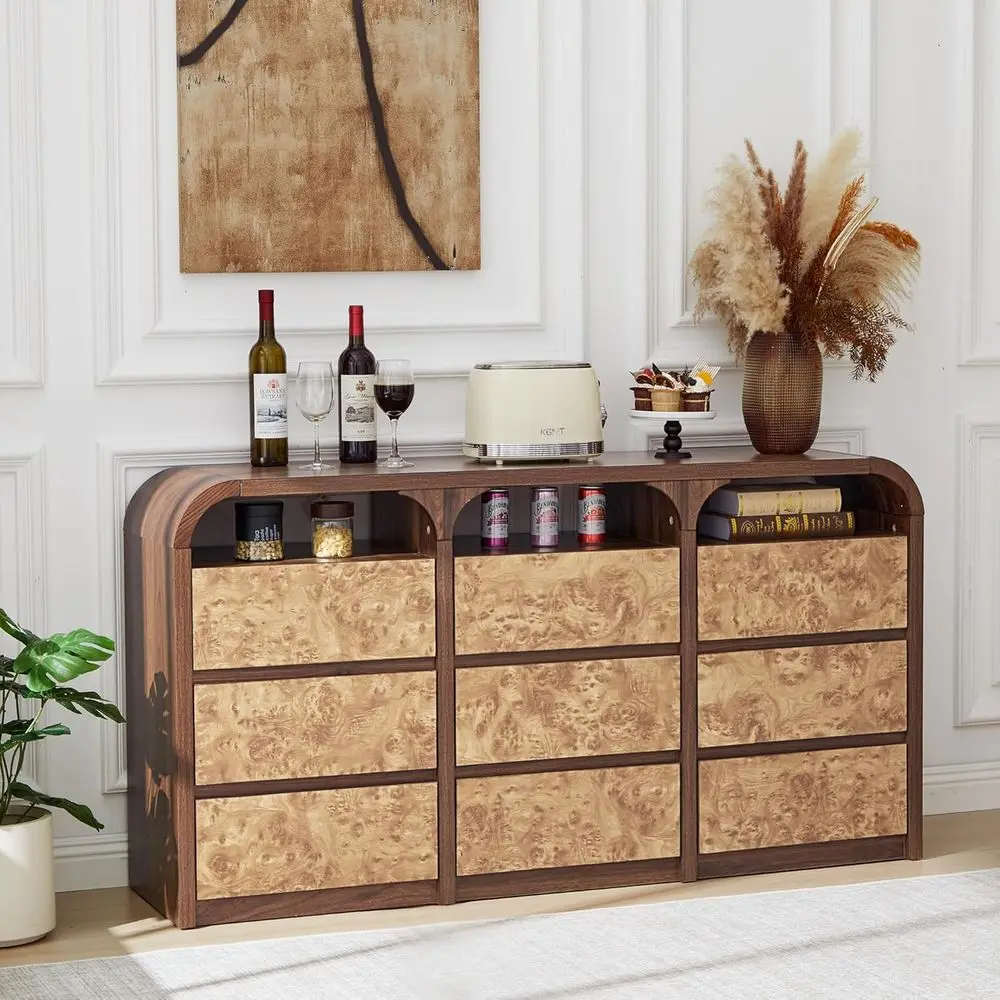 Bedroom Chest with Open Shelves, Burl Wood Storage Drawers, Living Room & Hallway Walnut Furniture