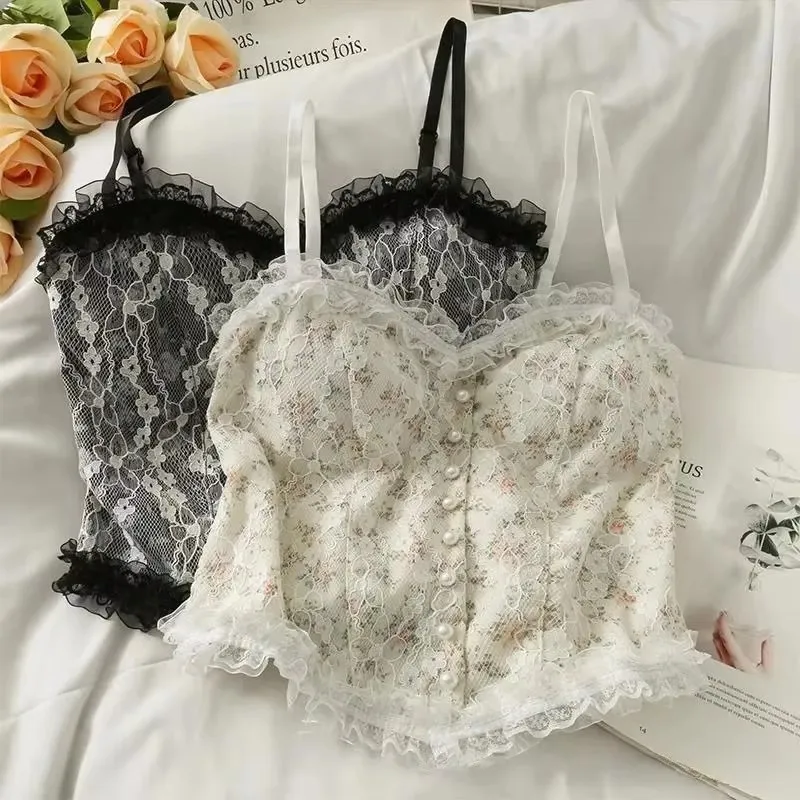 

Sexy Tank Top Floral Lace Camisole Sweet Sleeveless Camis France Lace Tops Pearl Button Decorations Fashion Women Camis