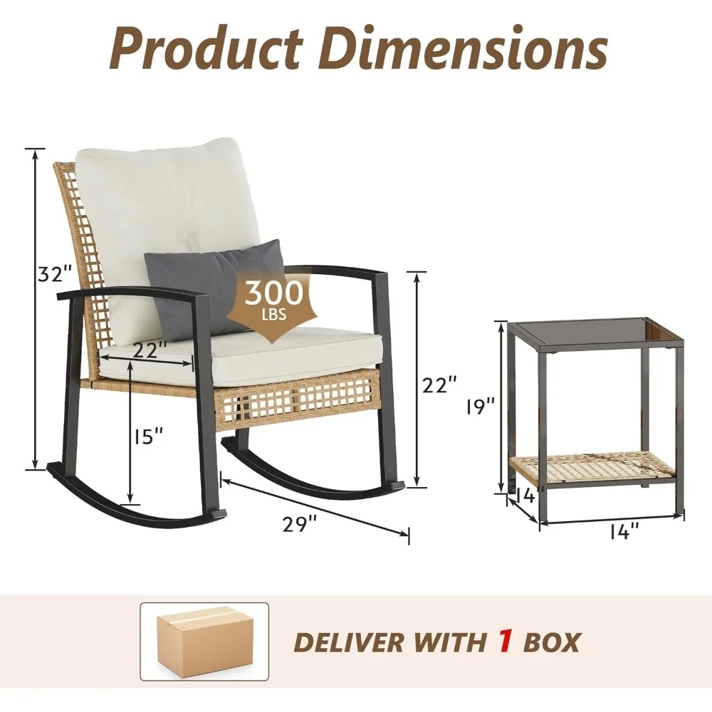 2-Piece Outdoor Rocking Chair Set with Glass Top Table and Cushioned Backrest