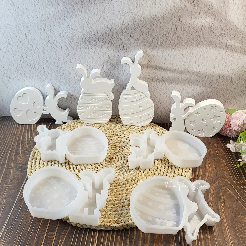 3D Easter Bunny and Egg Combination Decoration DIY Silicone Mold Handmade Aromatherapy Diffuser Stone Cement Plaster Mold