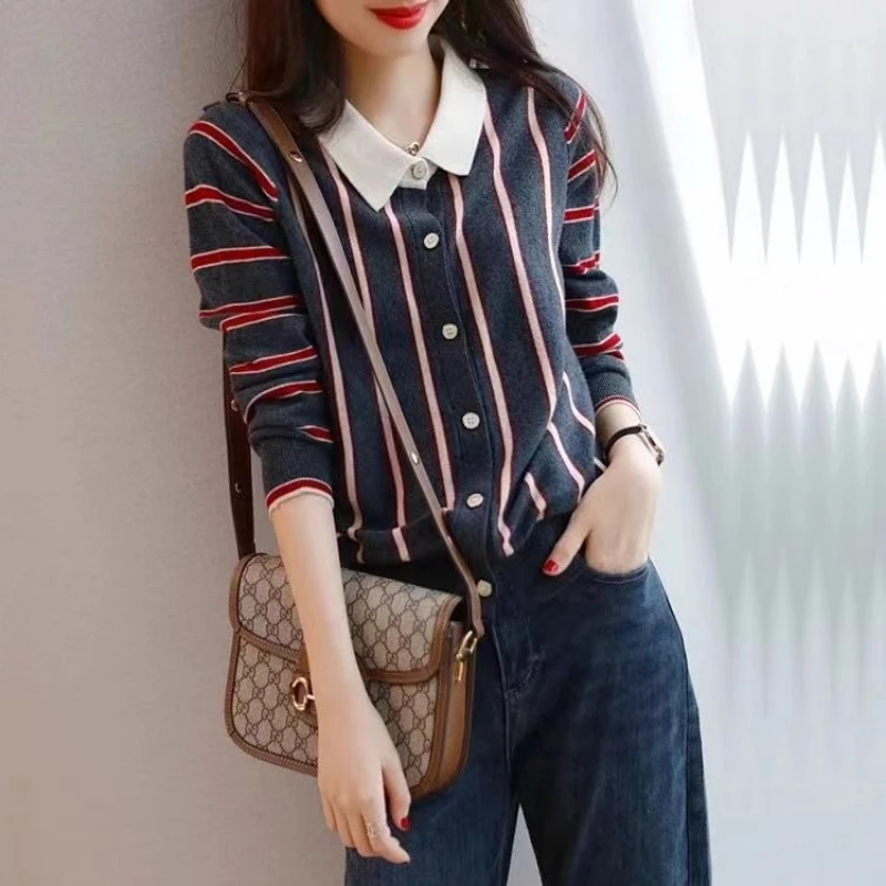 Spring Autumn Fashion Turn-down Collar Long Sleeve Striped Cardigan Women\'s Clothing Patchwork Loose Button Knitting Chic Tops