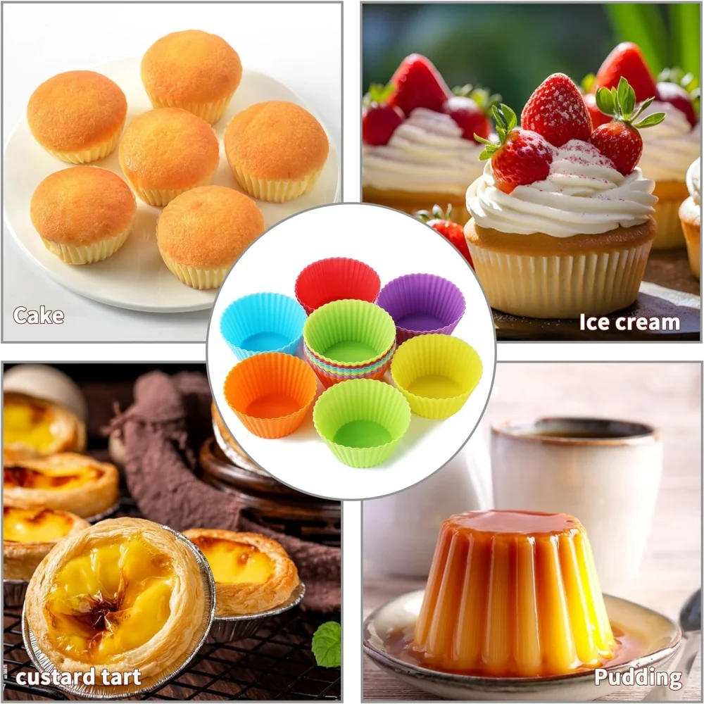 12pc silicone cupcake liner, reusable baking muffin cup liner, suitable for cupcakes, multi-color, dishwasher-washable.