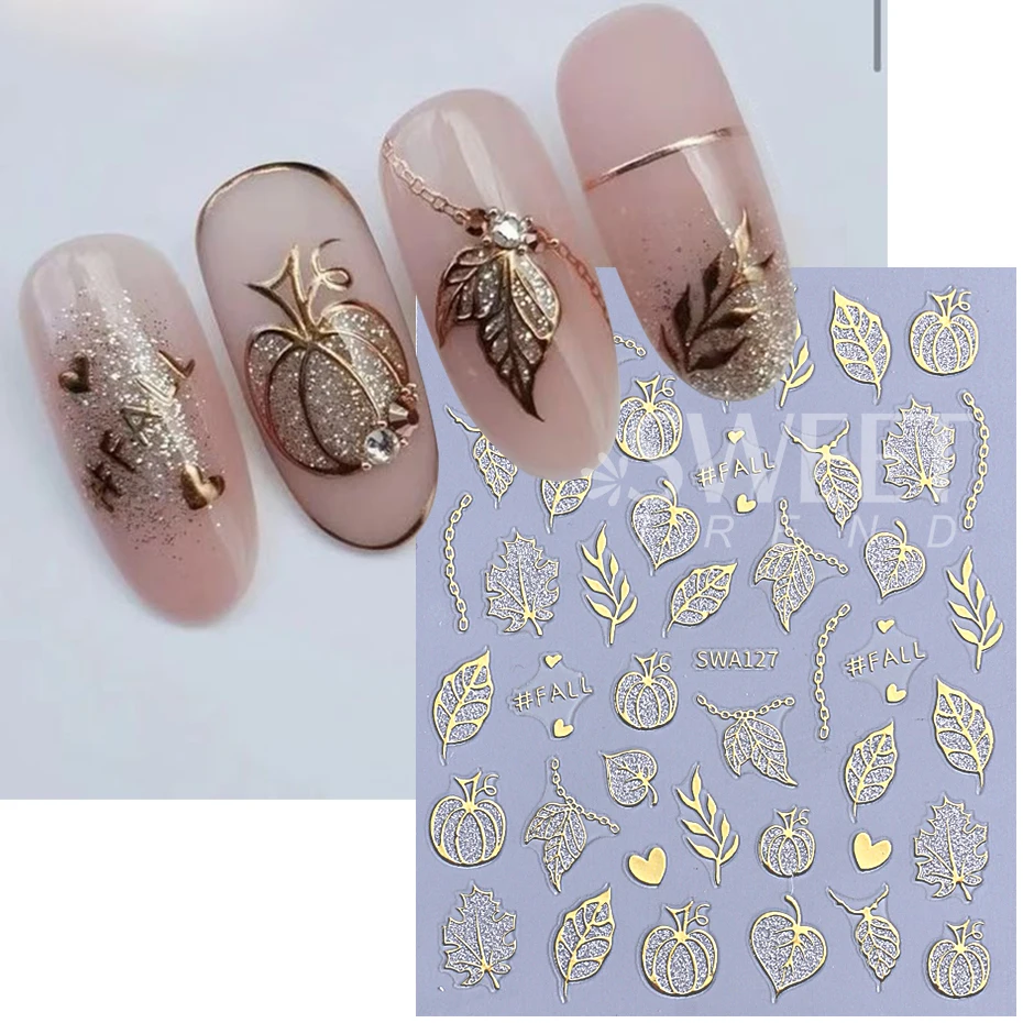 Autocollants pour ongles Halloween 3D en métal, toile d'araignée d'amour fantôme citrouille feuille d'érable, décalcomanies auto-adhésives pour décoration de manucure à faire soi-même, 4 pièces