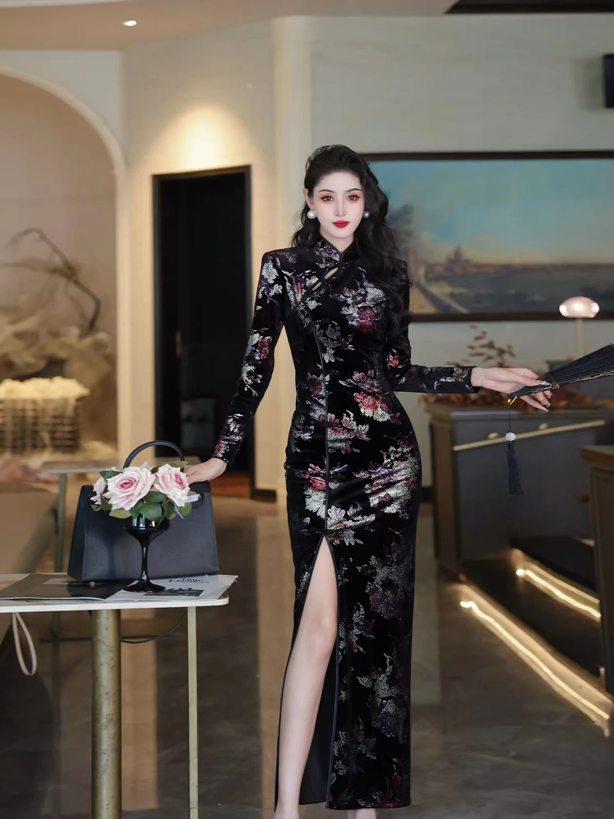 

Изысканное бархатное платье-ципао Yukfei с золотым принтом, высокой талией, приталенное, с разрезом, длинное, в традиционном китайском стиле, женское, модное...