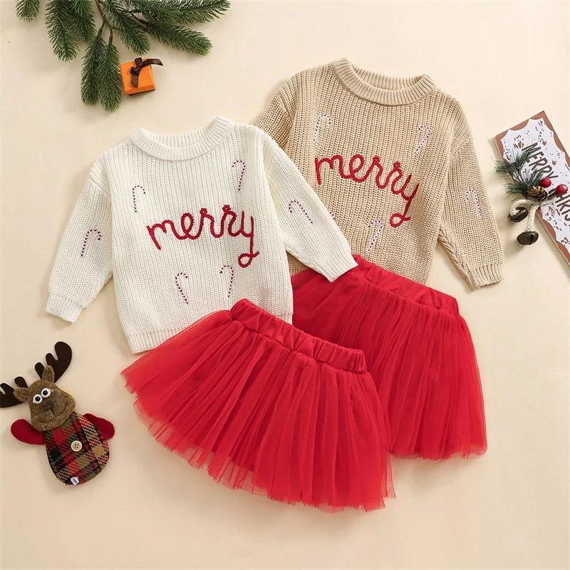 Suefunskry Toddler Girl Christmas Outfits Letter Embroidery Crew Neck Long Sleeve Sweater Top and Tulle Mini Skirt Fall 2Pcs Set