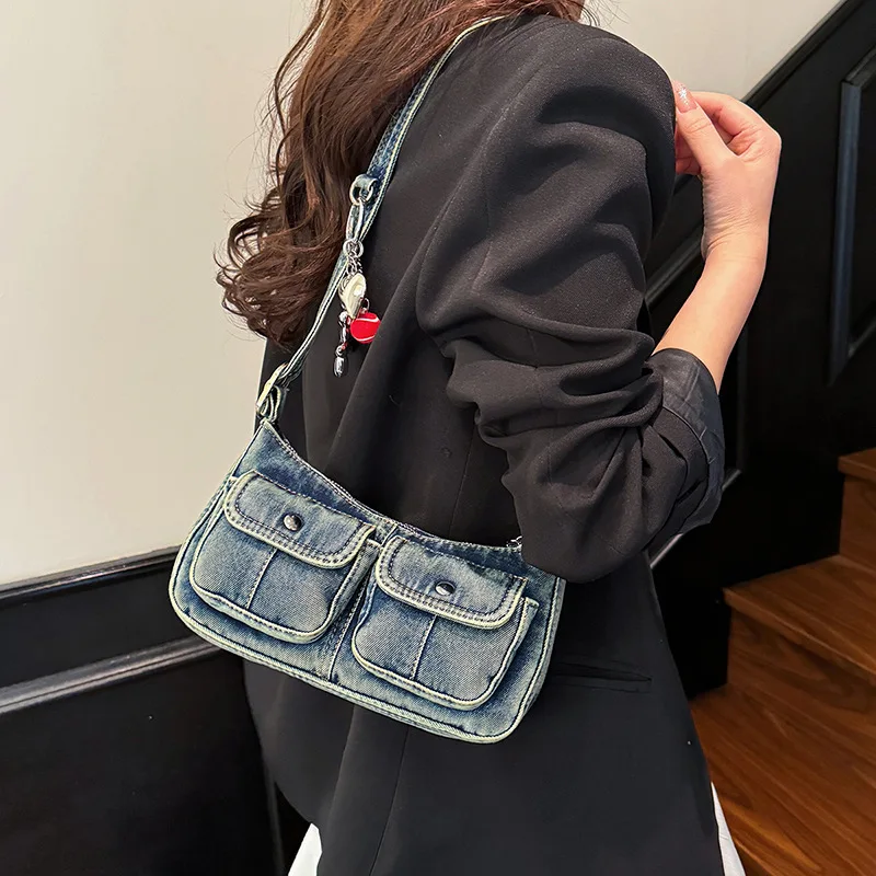 

Fashion handbag vintage denim crossbody bag hot girl shoulder bag underarm bag Y2K cloth shopping
