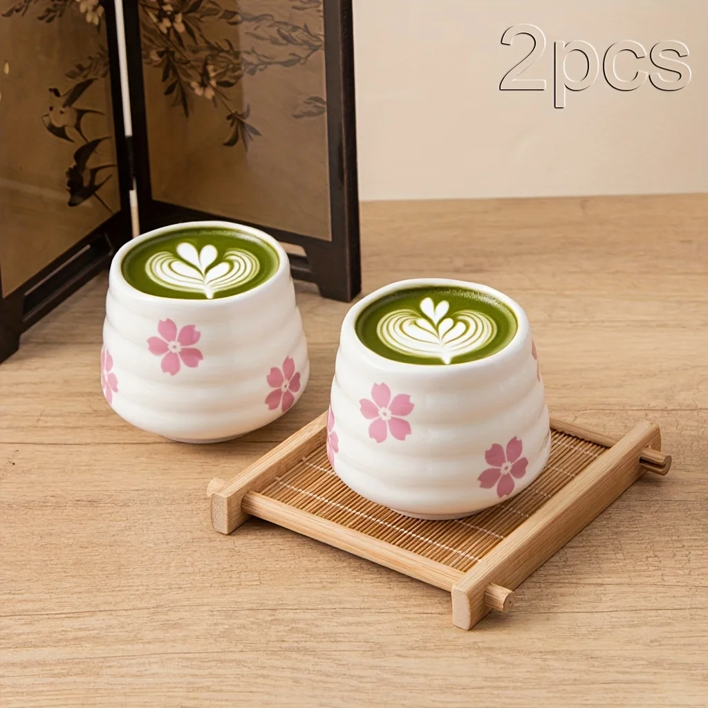 Tasse à thé en fleur de cerisier mignonne 160ml/5.4oz, tasse à café en céramique chinoise sans poignée, adaptée au chocolat chaud et au lait, 2 pièces