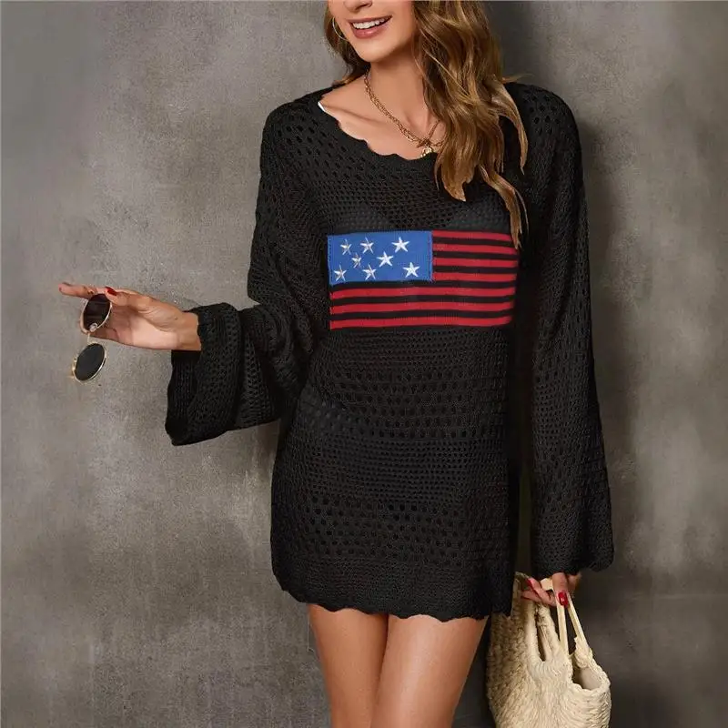 Faionable round Ne Flag Pattern Easter Independent Day Women's Cover up Sweater Thin Long Sve Triacetate Fiber