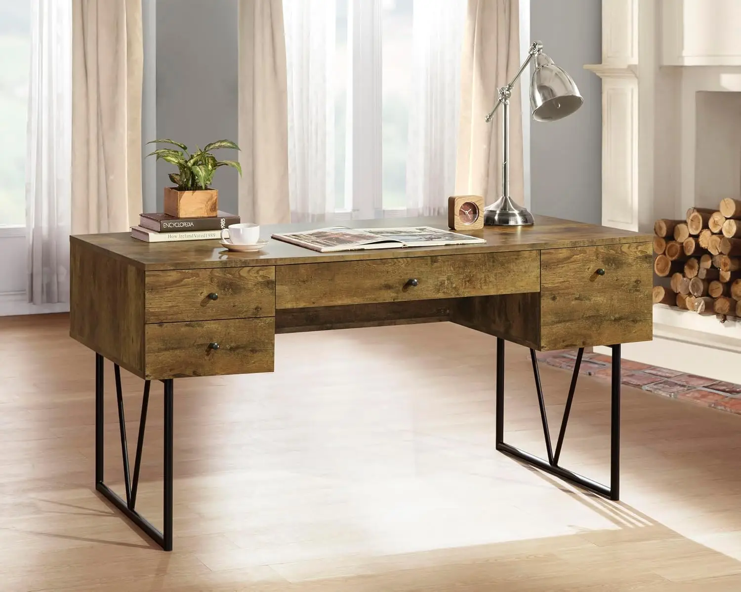 63-Inch 4-Drawer Office Writing Desk Rustic Nutmeg Finish, Customized