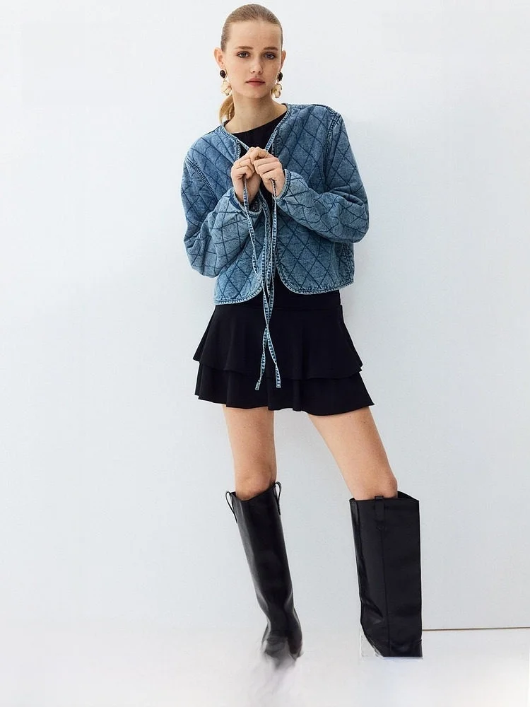 

Весна 2026: Женская двусторонняя джинсовая куртка в винтажном стиле, приталенная, короткая, H&M, из смесового полиэстера и хлопка, универсальный крой