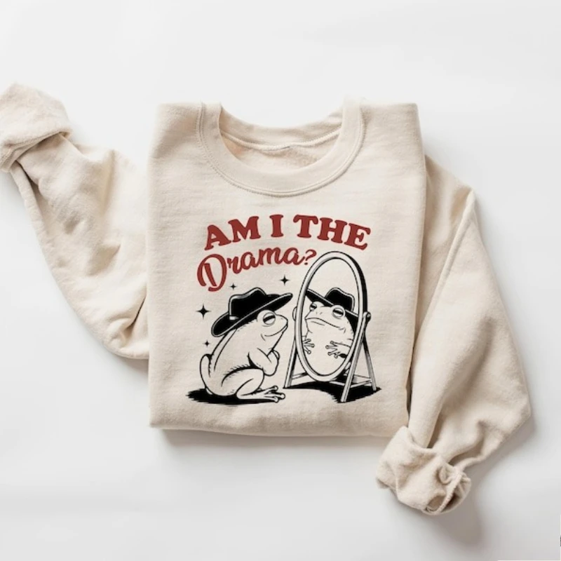 

Толстовка с забавной лягушкой Am I The Drama, пуловер с рисунком лягушки, толстовка в стиле ретро, толстовка с капюшоном для психического здоровья, забавный подарок для любителя лягушки