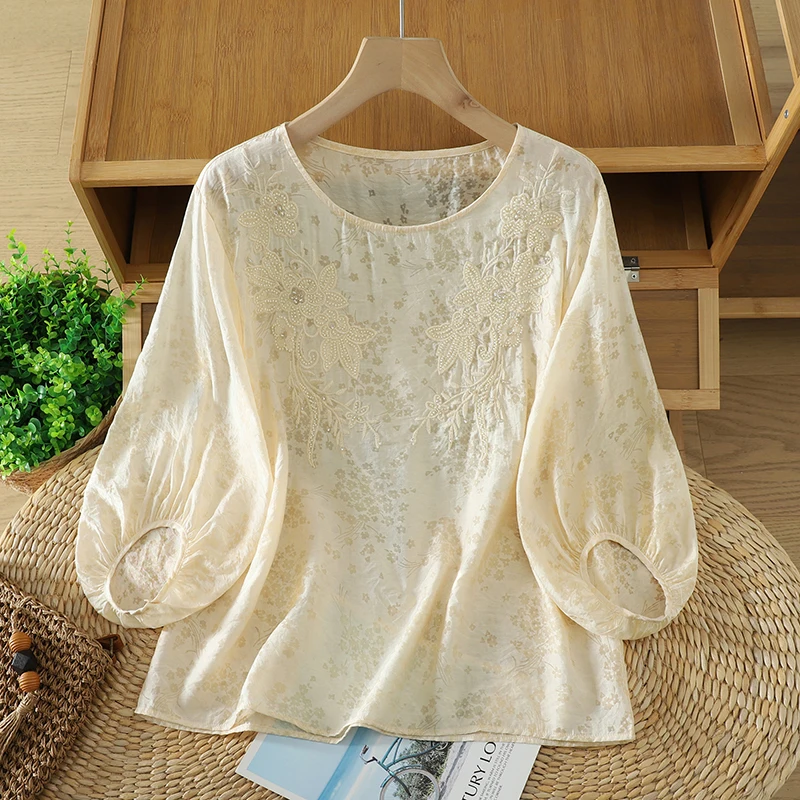 

Loose Women's round Neck T-Shirt Embroidered Five-Quarter Sleeve Comfortable Base Shirt Lazy Style Spring Summer New Arrival