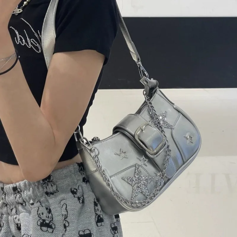 Xiuya Y2k Designer Womens Shoulder Bag Silver Chains Fashion Summer Pu Leather Handbag Original Luxury Daily Female Armpit Bag