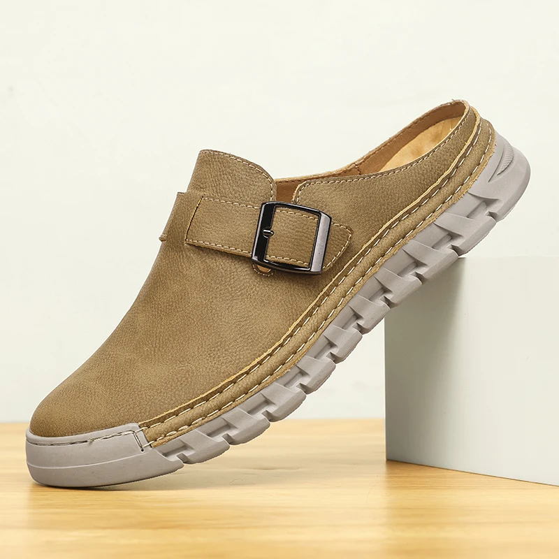 

Новые летние мужские тапочки из натуральной кожи ручной работы: дышащие, прохладные, модные, удобные, с мягкой нескользящей подошвой, полуоткрытые (Lefu Shoes)