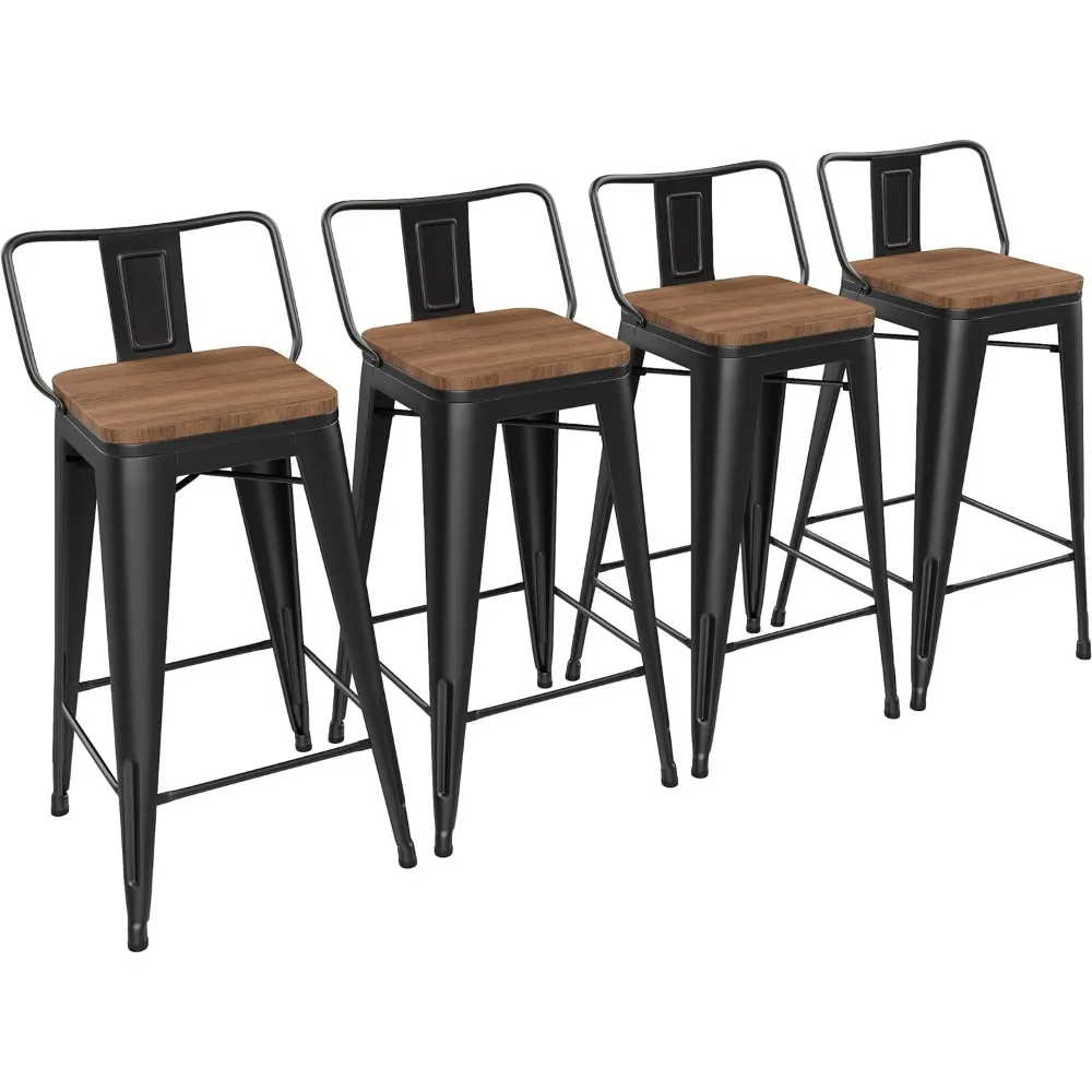 Metal Barstools Set of 4 Counter Bar Stools with Wood Top Low Back Matte Black