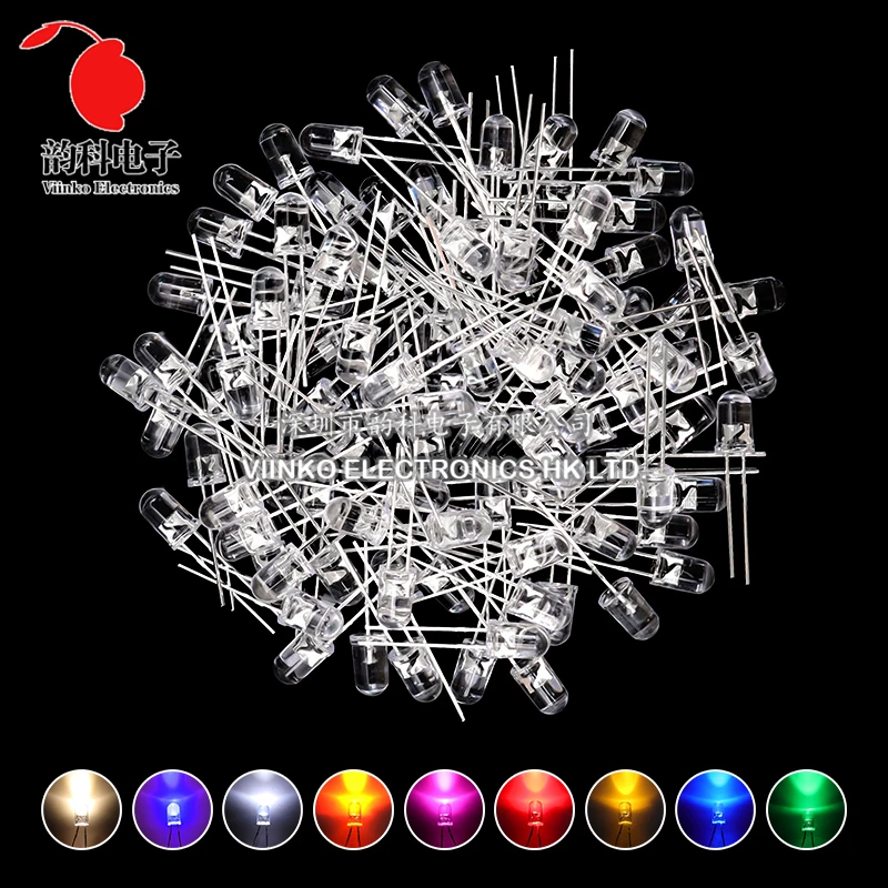 100pcs 5mm LED Diode F5 Assorted Kit White Green Red Blue Yellow Orange Pink Purple Warm White DIY Light Emitting Diode