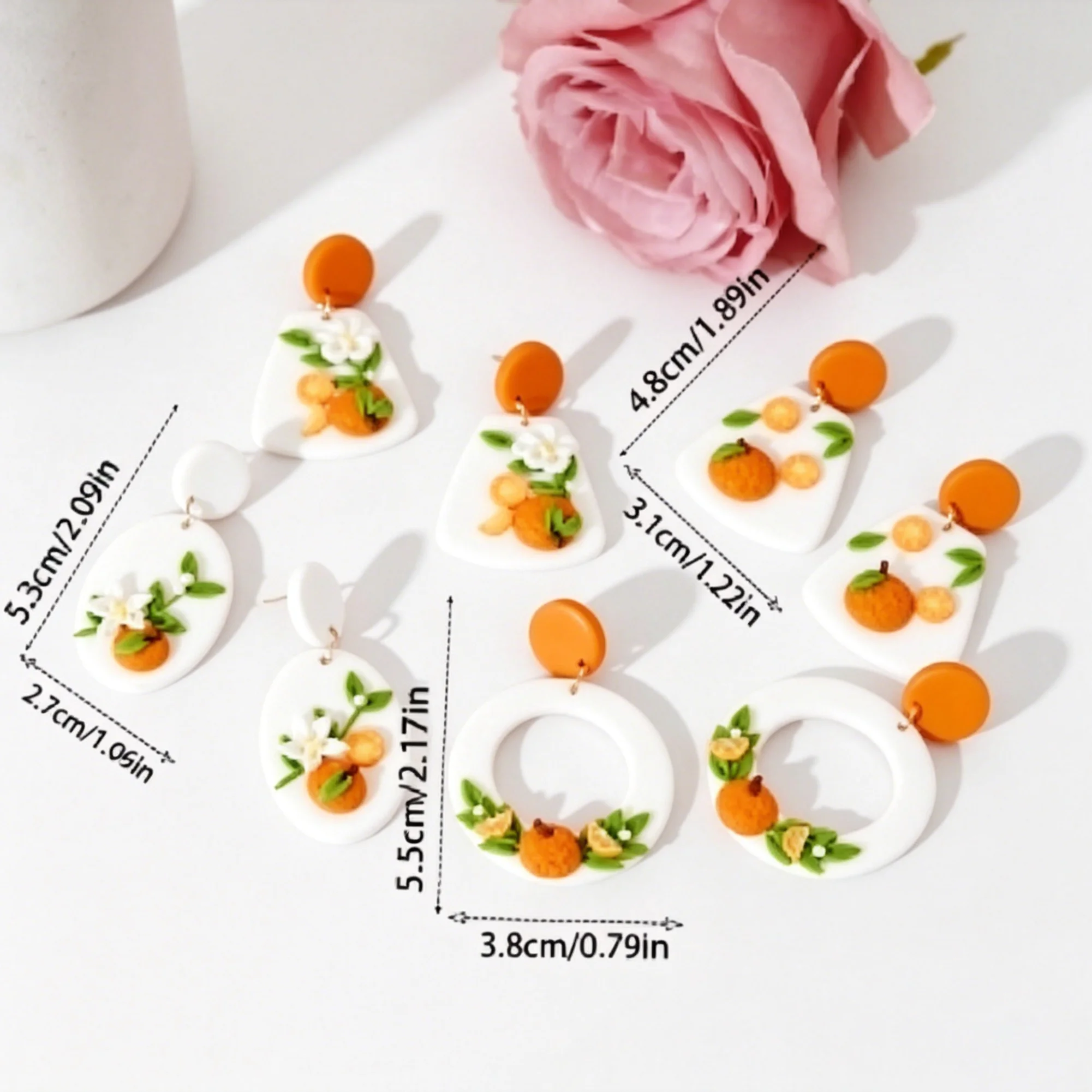 Floral Multi Shapes Dangle Citrus Fruits Ring Trendy Fashion Orange Polymer Clay Earrings Women\'s Spring Summer Accessory Gift