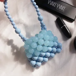 Gradient Blue Carrying Beaded Bag Fashionable Simple Handwoven Women's Bags Cute Mini Summer Ladies Handbag 2023 New Purse