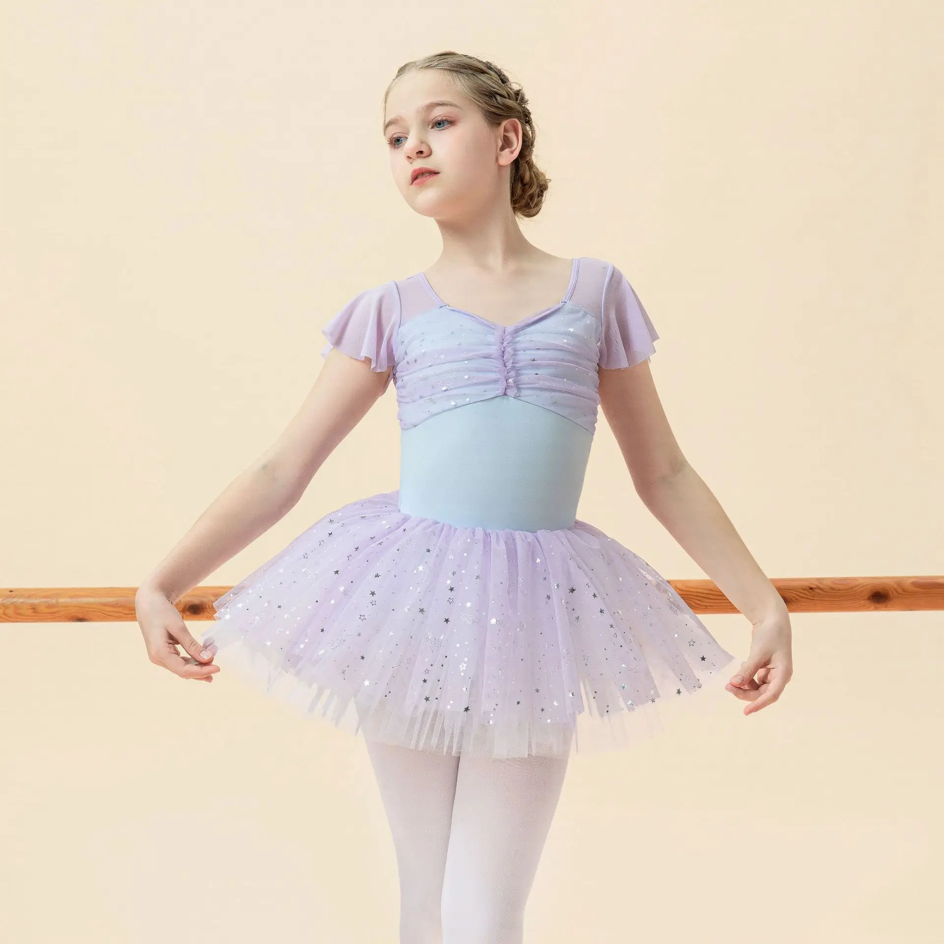 

Girls Ballet Dance Dress Kids Child Short Sleeve Stitching V-neck Gymnastics Pink Leotard Practice Professional Stage Dance Wear