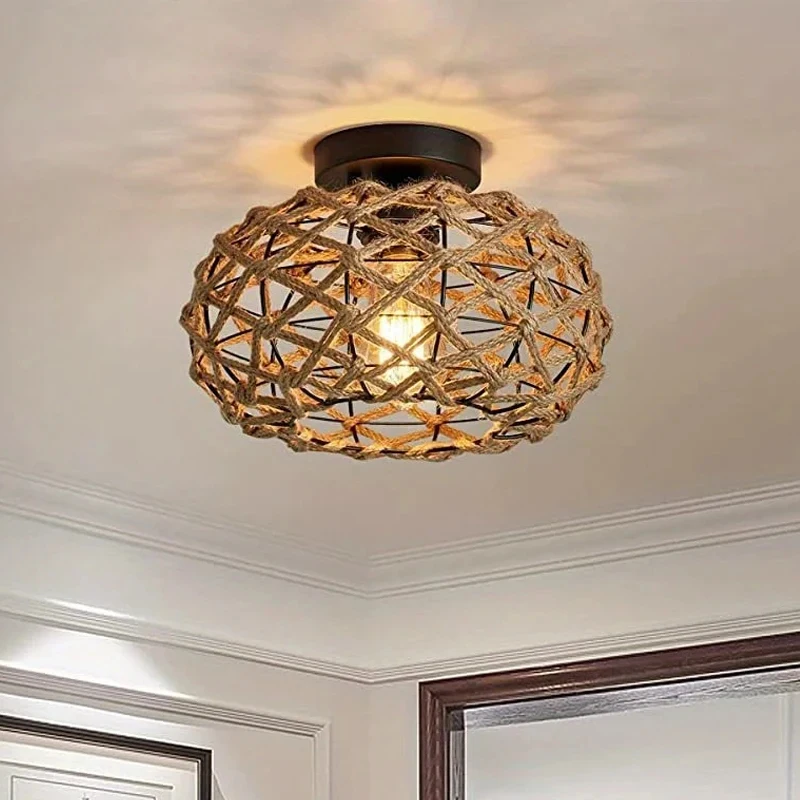 Semi Embedded Iron Hemp Rope Ceiling Light Woven Rattan Decor for Kitchen Bedroom Corridor
