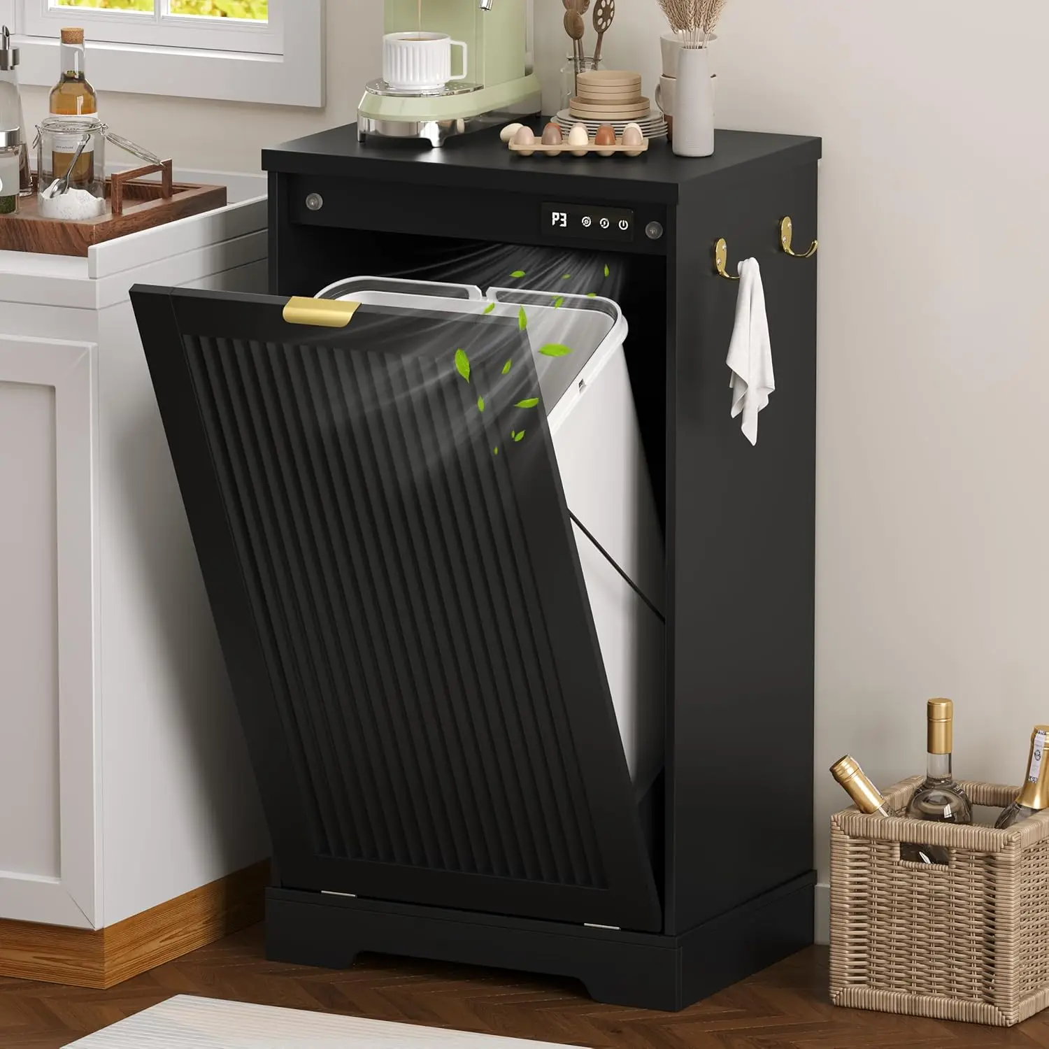 

13Gal Tilt Out Trash Cabinet with Deodorizer Side Hooks Kitchen Living Dining Room Pet Proof Storage Black,Customized