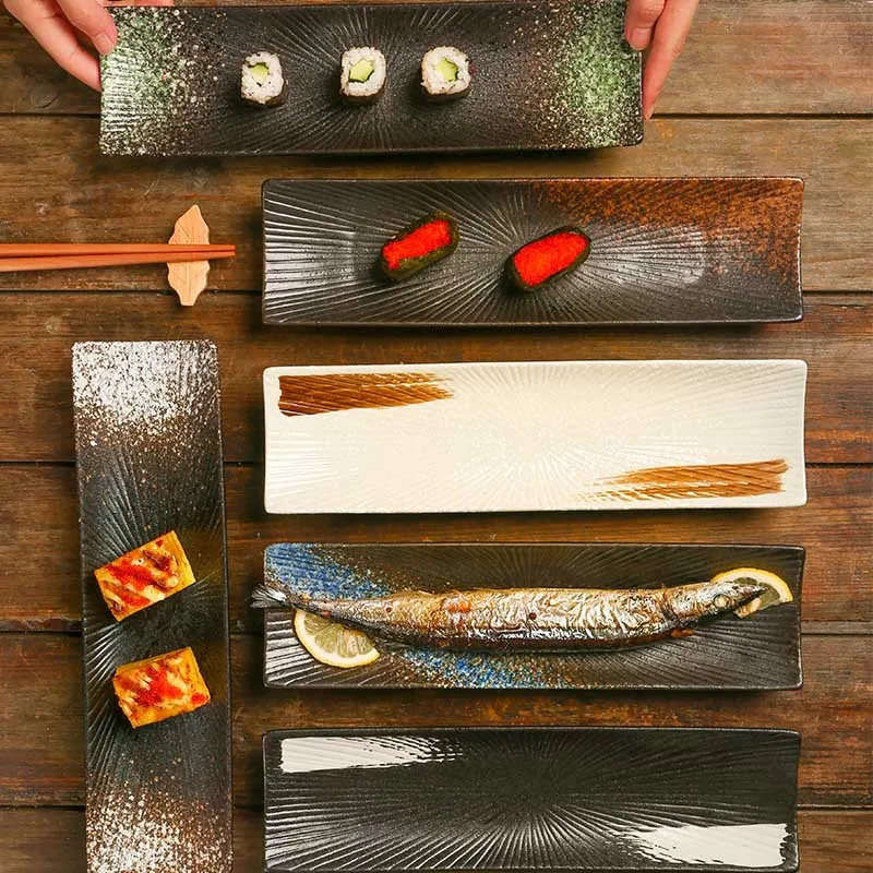 border sushi  Japanese ceramic tableware, Western cuisine ,creative autumn knife fish  boat shaped vegetable  rectangular plates