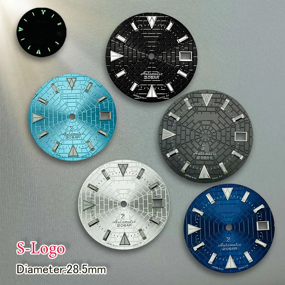 28.5mm S Logo Spider Web Black Sunray Dial Fit NH35/NH36/4R/7S Movement Green Luminous Watch Modification Accessories Repair