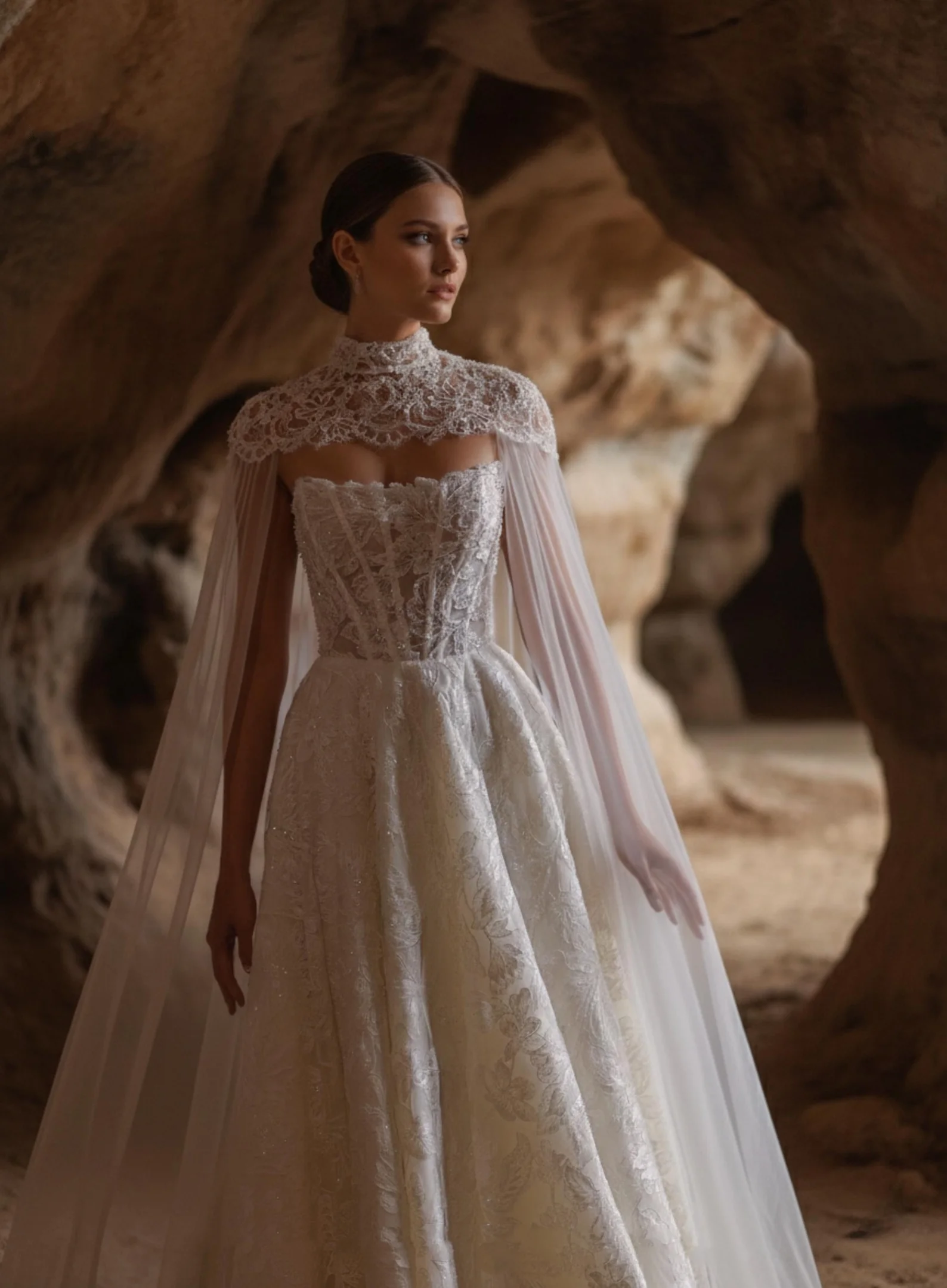 Gorgeous Lace High Neck Sparkling Wedding Dress Detachable Cloak Style Bride Dress Tight corset A-line Wedding Dress Customized image 5