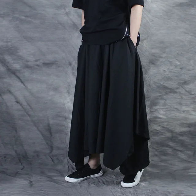 Idopy Fashion Men`s Punk Gothic Skirt Pants Black SteamPunk Irregular Stage Performance Trousers For Male