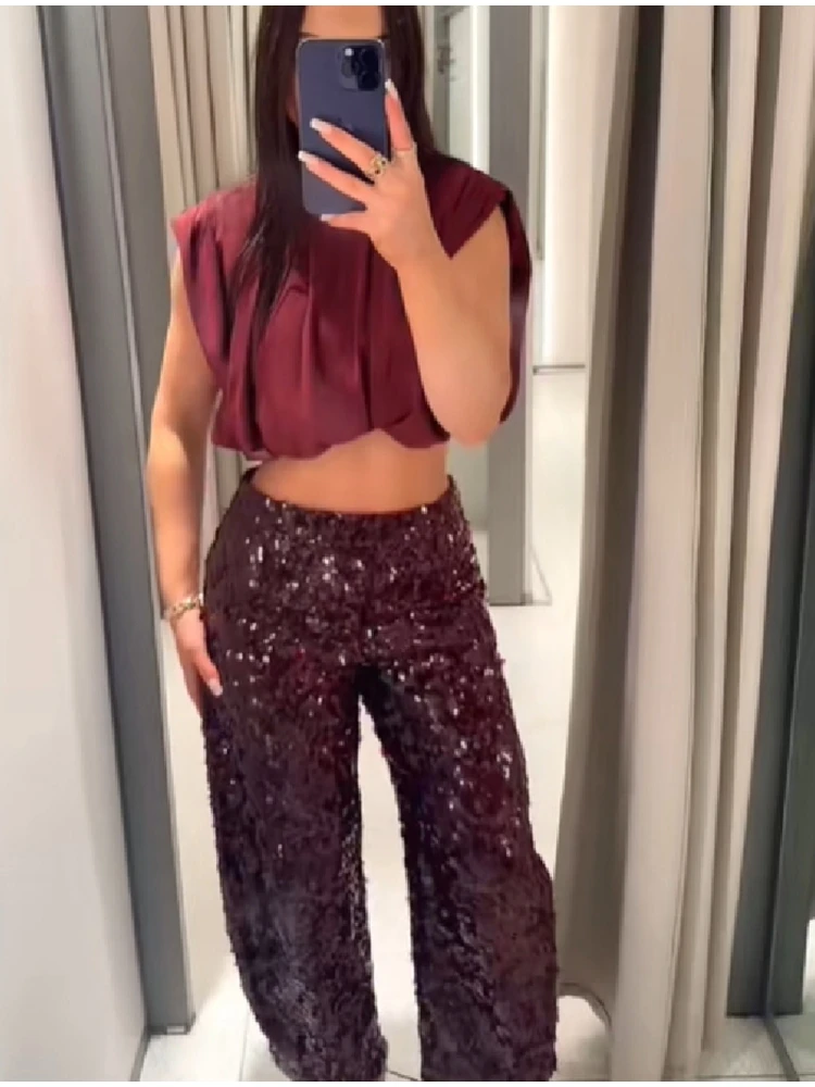 Conjunto de duas peças de lantejoulas brilhantes, feminino, gola redonda, bainha peluda, regata, calças compridas soltas, nova moda sexy, roupas de festa para mulheres, 2025