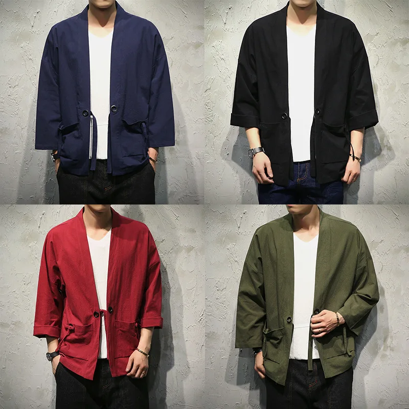 

Summer Men's Cotton Blends Linen Open Front Cardigan Embroidery Kimono Jackets for Men