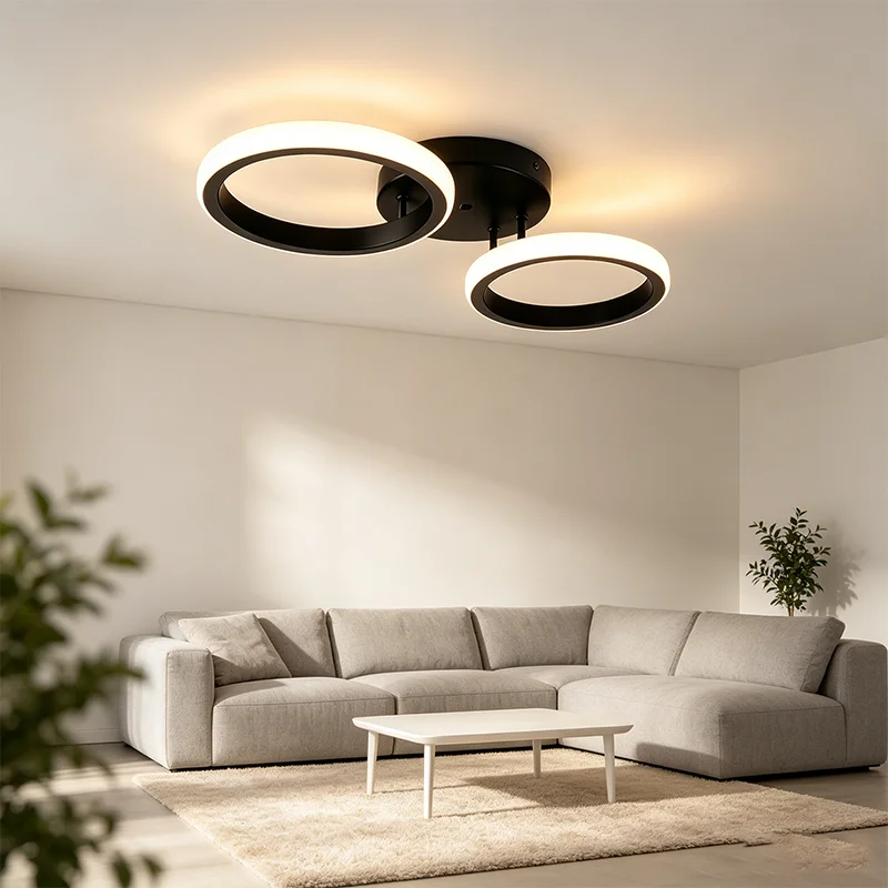 Modern Double Ring LED Ceiling Light Warm White  Black Flush Mount Lamp for Bedroom Living Room Hallway Indoor Home Lighting
