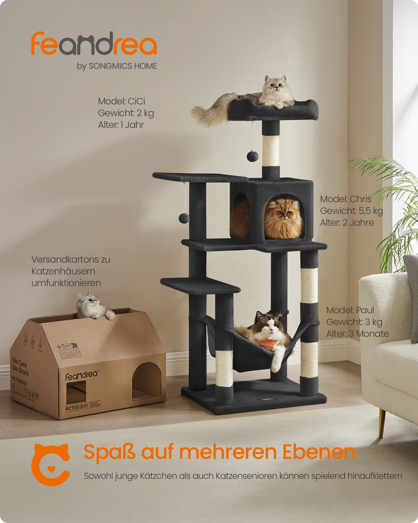 Feandrea Kratzbaum, 143 cm hoch, Katzenbaum, mehrstöckiges Katzenhaus, mit 4 Kratzsäulen, 2 Plattformen, Hängematte, Höhle 3
