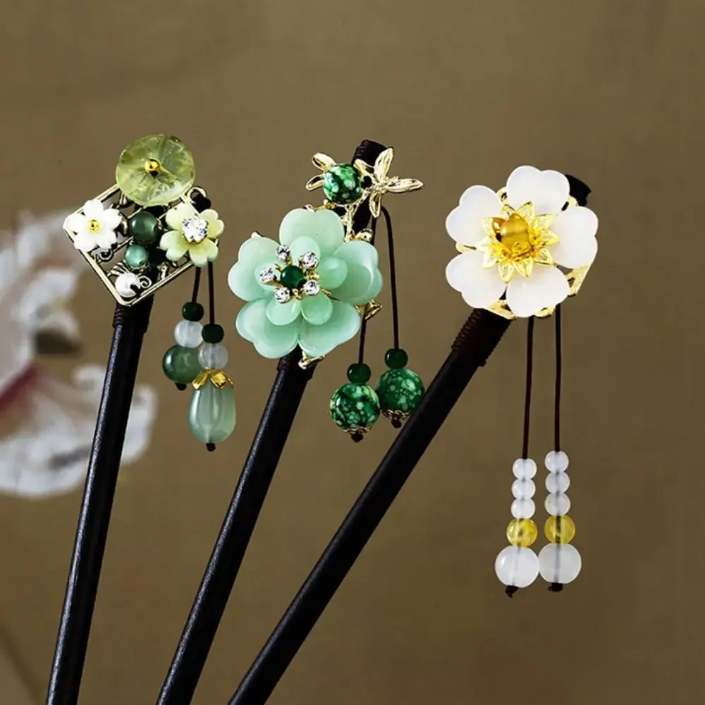 Chinese Style Flower Hair Sticks Handmade RetrorChopsticks with Tassel Hairs Fork Wooden Hairpin For Disk Hair