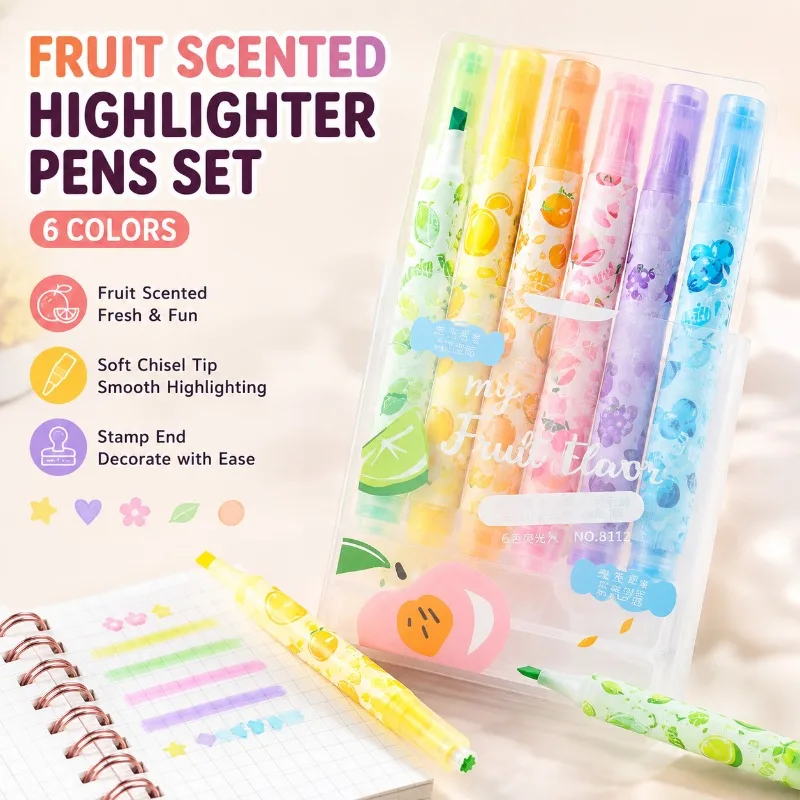 Fruchtduftende Textmarker-Set, 6 Farben Weichspitzen-Marker mit Stempelende für DIY-Journaling, Notizen für Schüler