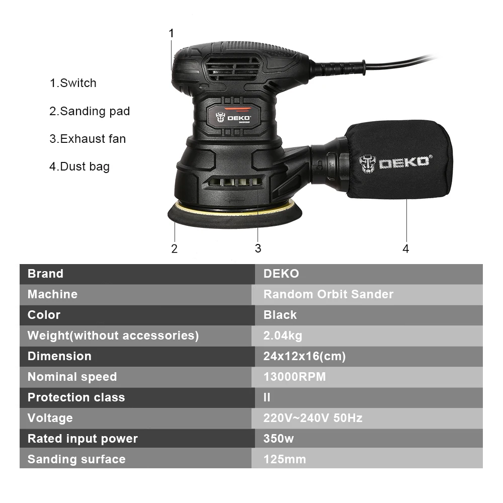 DEKO 280W/320W/350W Zufällige Umlaufbahn Elektrische Sander mit 125mm 8 Löcher Schleifpapier und variable Geschwindigkeit Sander Power Tools