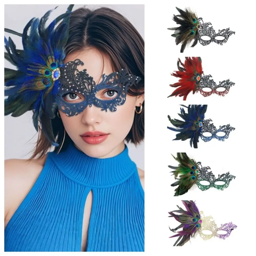 Fancy Rhinestone Half-Face Lace Mask Seductive Style Cosplay Masquerade Mask Fancy Prom Multicolor Feather Mask Makeup Festival