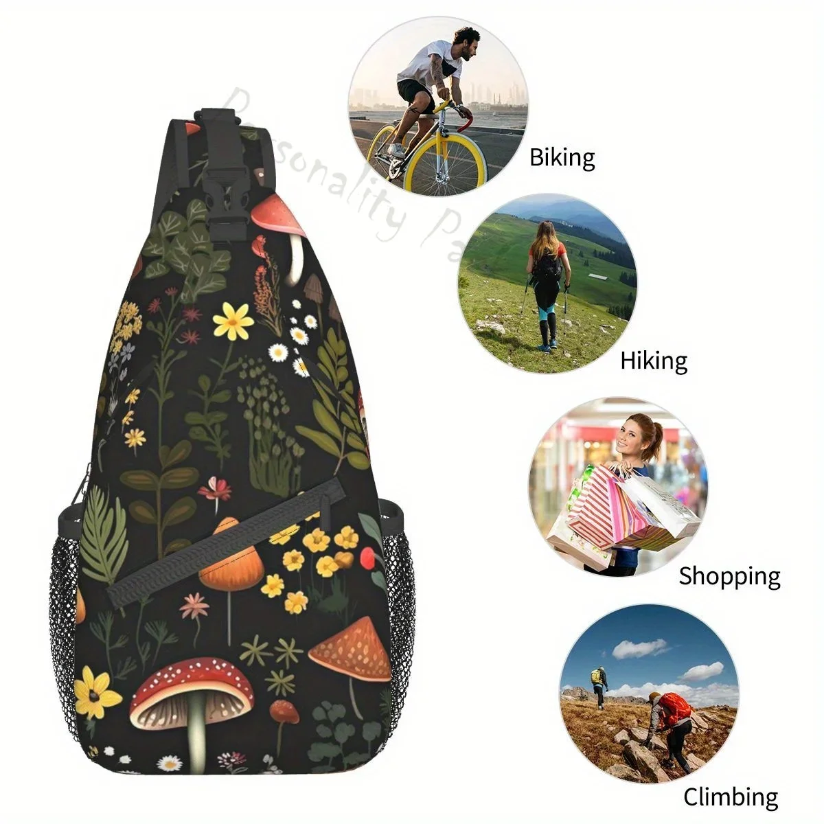 Mushroom Sling Backpack Mushroom Crossbody Bag Travel Hiking Shoulder Chest Bag Daypack Zipper Head/Hidden