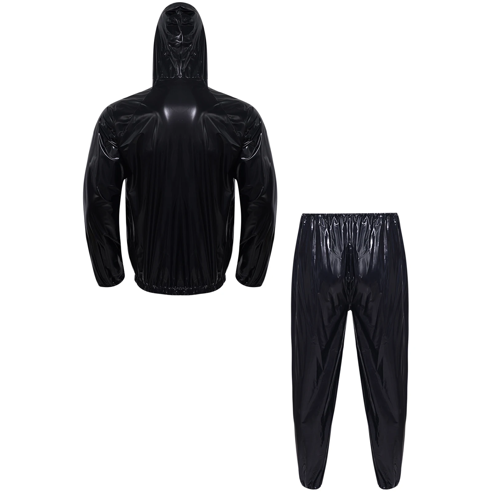 Men Women PVC Sauna Suit Long Sleeve Hooded Jacket+Pants Set for Weight Loss Sweat Fat Burn Boxing MMA Gym Workout