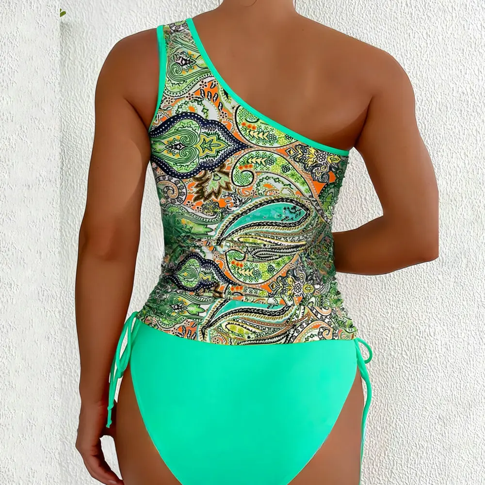 2025 Print One-shoulder Tankini Set Women High Waist Swimwear Sexy Push Up Swimsuit Biquini Lace-up Bathing Suit Bikinis Set