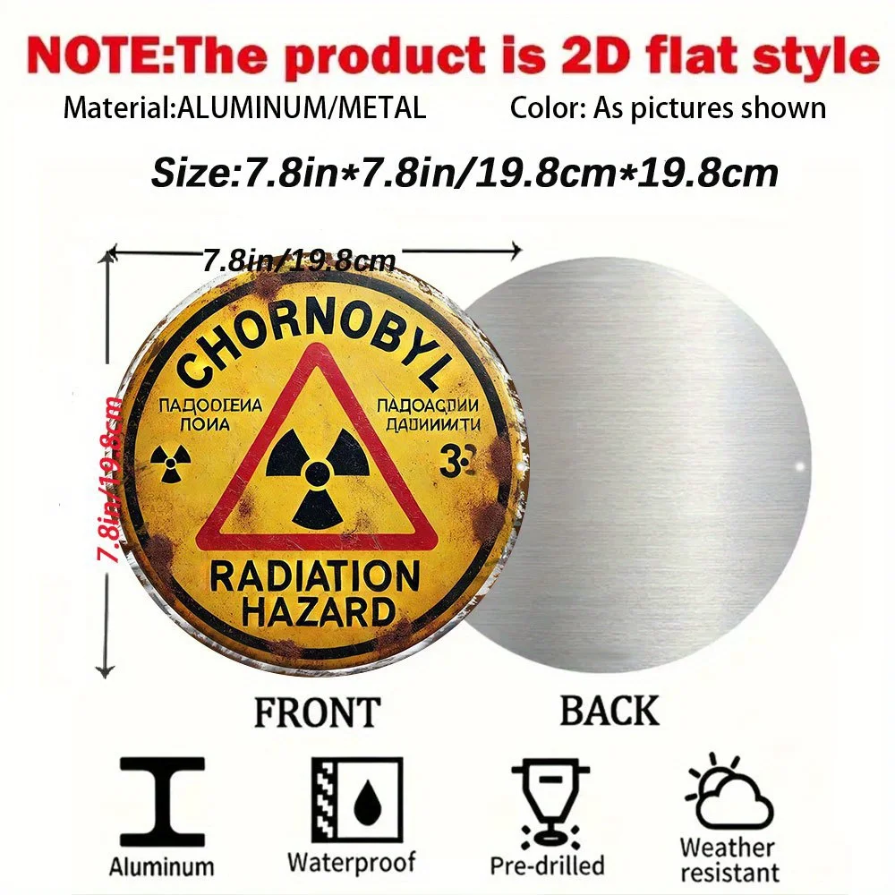 Vintage Chornobyl Radiation Hazard Round Tin Sign, Retro Nuclear Warning Symbol Metal Wall Art, Rustic Chernobyl Themed Decorati