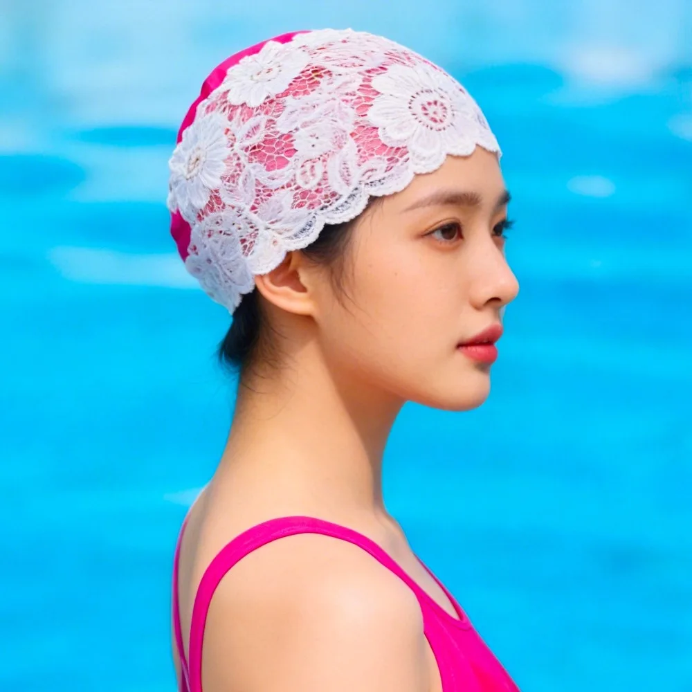 Fashion Protect Ears Lace Swimming Cap Long Hair Waterproof Women Swim Cap Elastic PU Bathing Cap Summer Beach