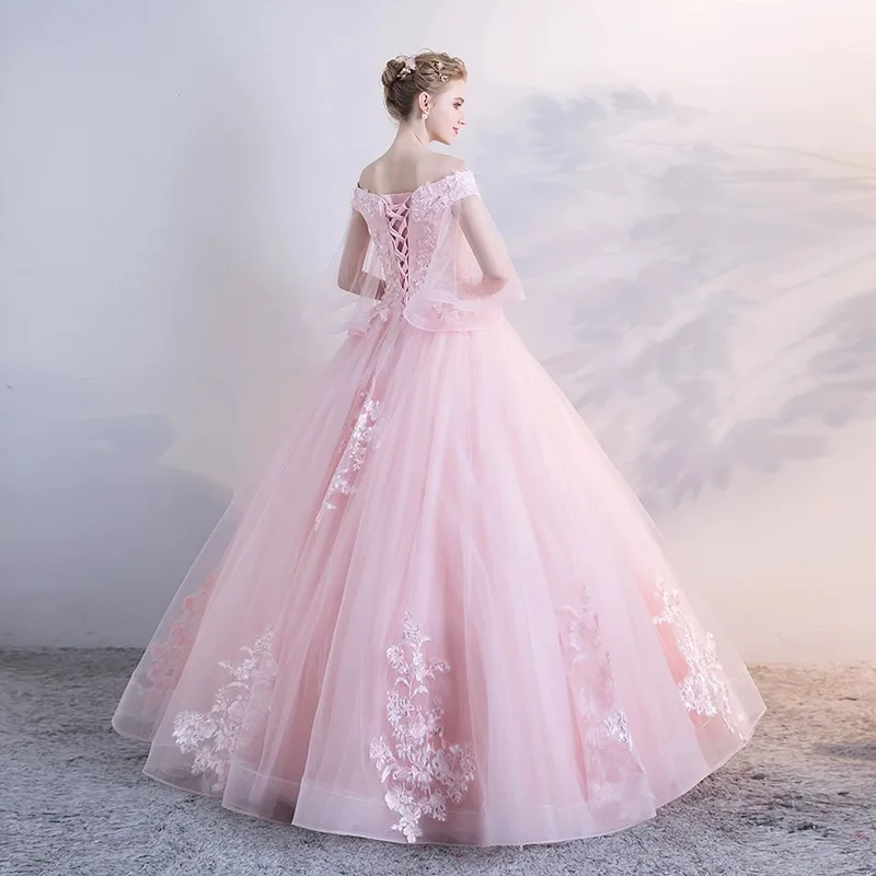 Lichtroze Quinceanera-Jurken Kant Geappliqueerd Van De Schouder Feestjurk Zoete Baljurk Klassieke Kanten Prom Dress Plus Size